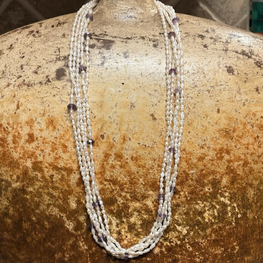 Sterling Silver, Pearl, Amethyst & Marcasite Multi Strand Necklace 24 In Vintag